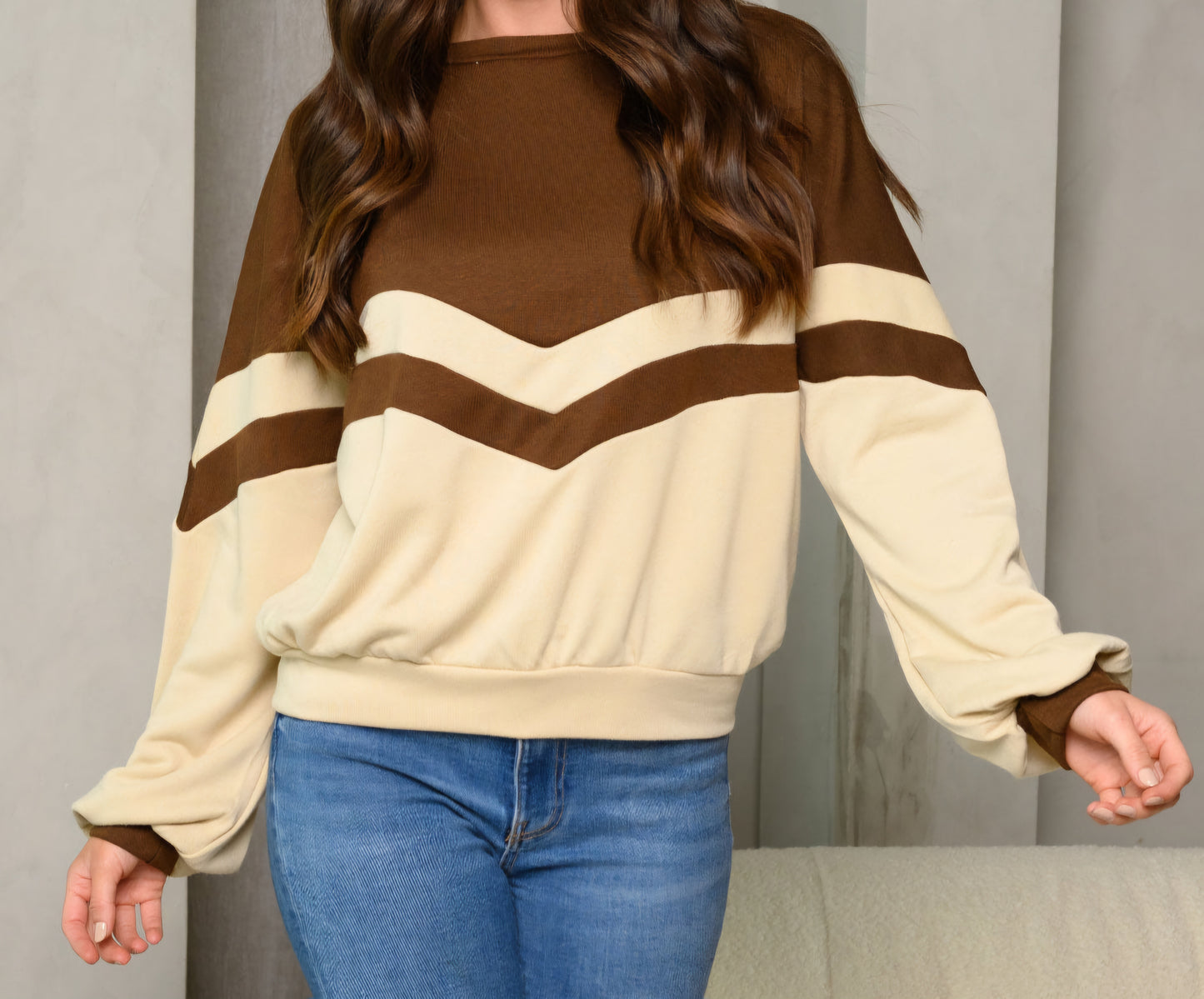 Cream and brown long sleeve sweater