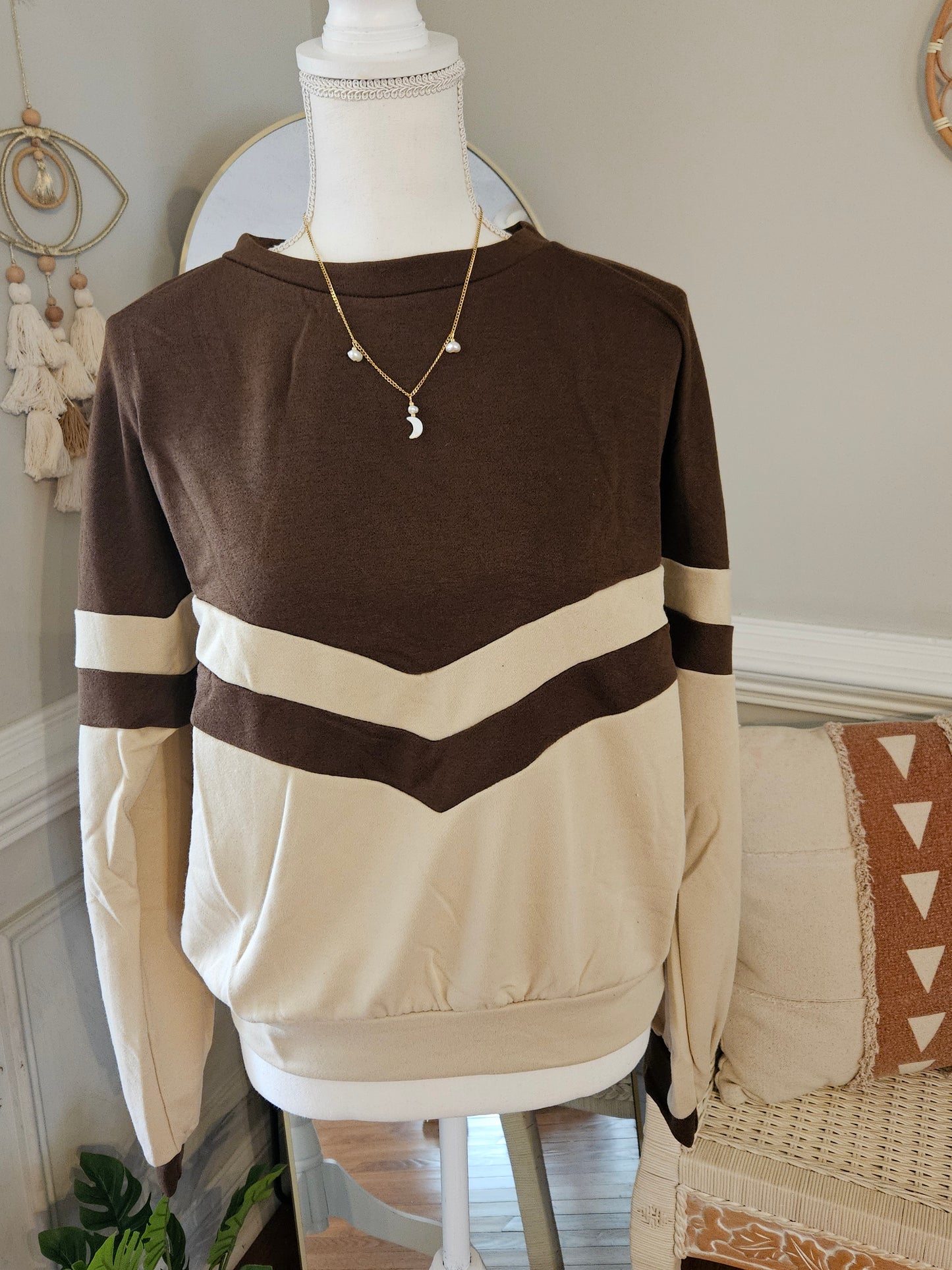 Cream and brown long sleeve sweater